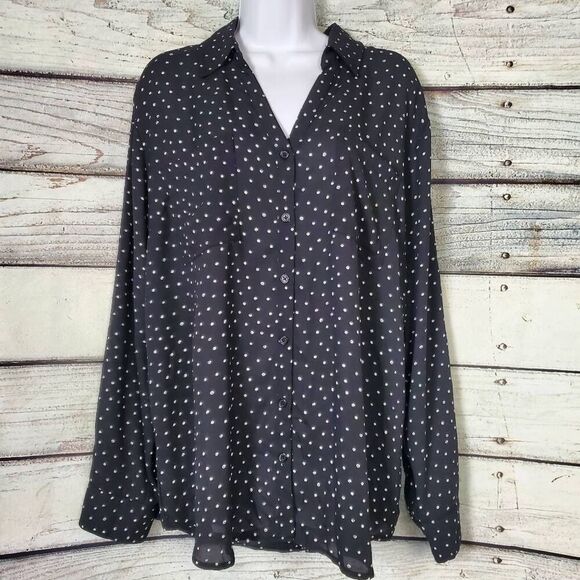 Maurices Women’s Blouse XL Black White Polka Dot Long Sleeve Button Front - Picture 1 of 8